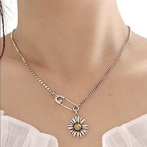 Sunflower Sterling Silver Chain Safety Pin Charm Necklace